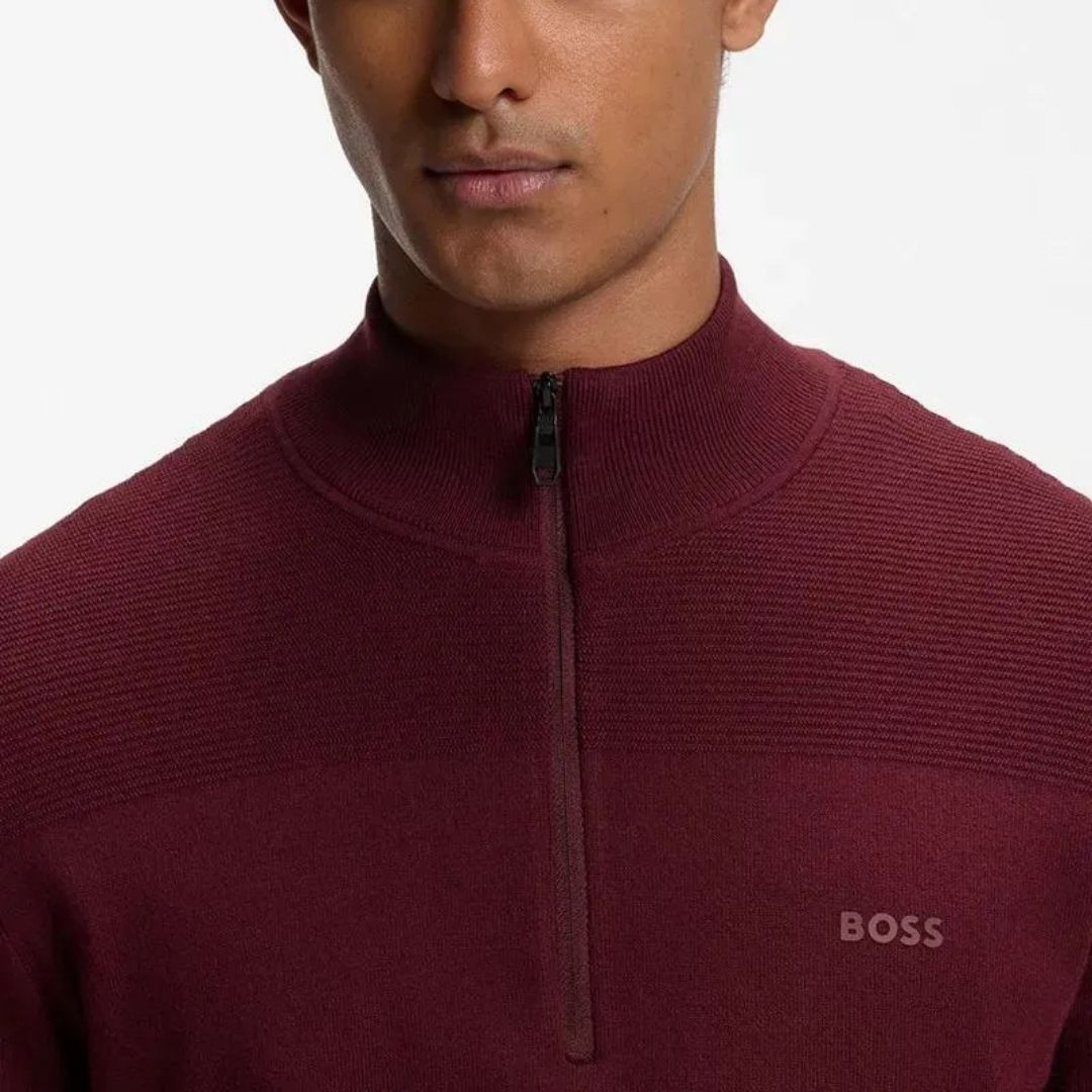BOSS Green Virgin Wool-Blend Zip-Neck Sweater – Dark Pink
