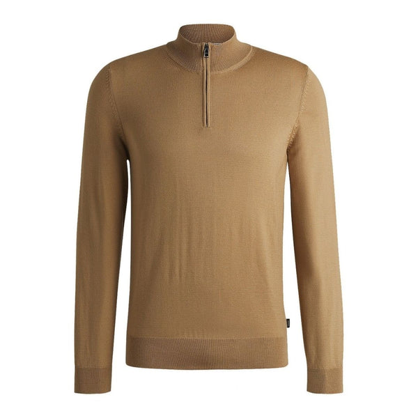 BOSS Virgin Wool Zip-Neck Sweater – Beige