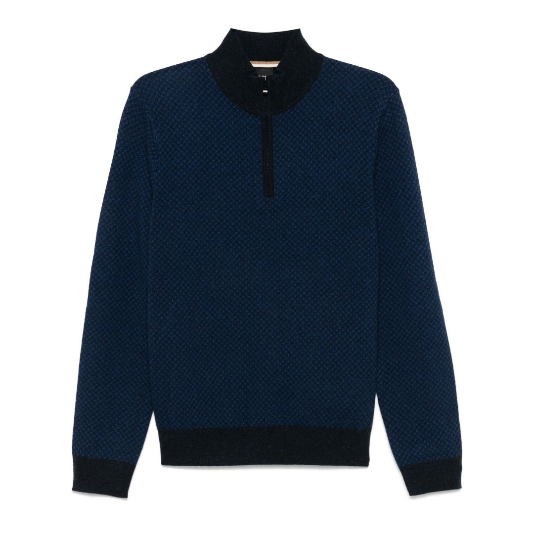 BOSS Wool-Cotton Half-Zip Jumper – Blue
