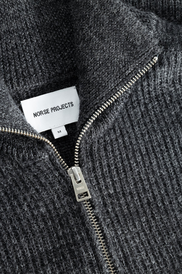 Norse Projects Hagen Wool Cotton Rib Full Zip Jacket - Dark Grey Melange