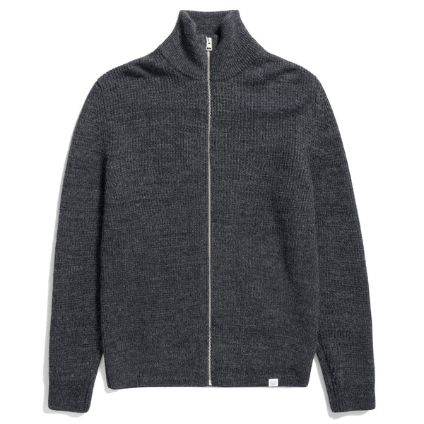 Norse Projects Hagen Wool Cotton Rib Full Zip Jacket - Dark Grey Melange