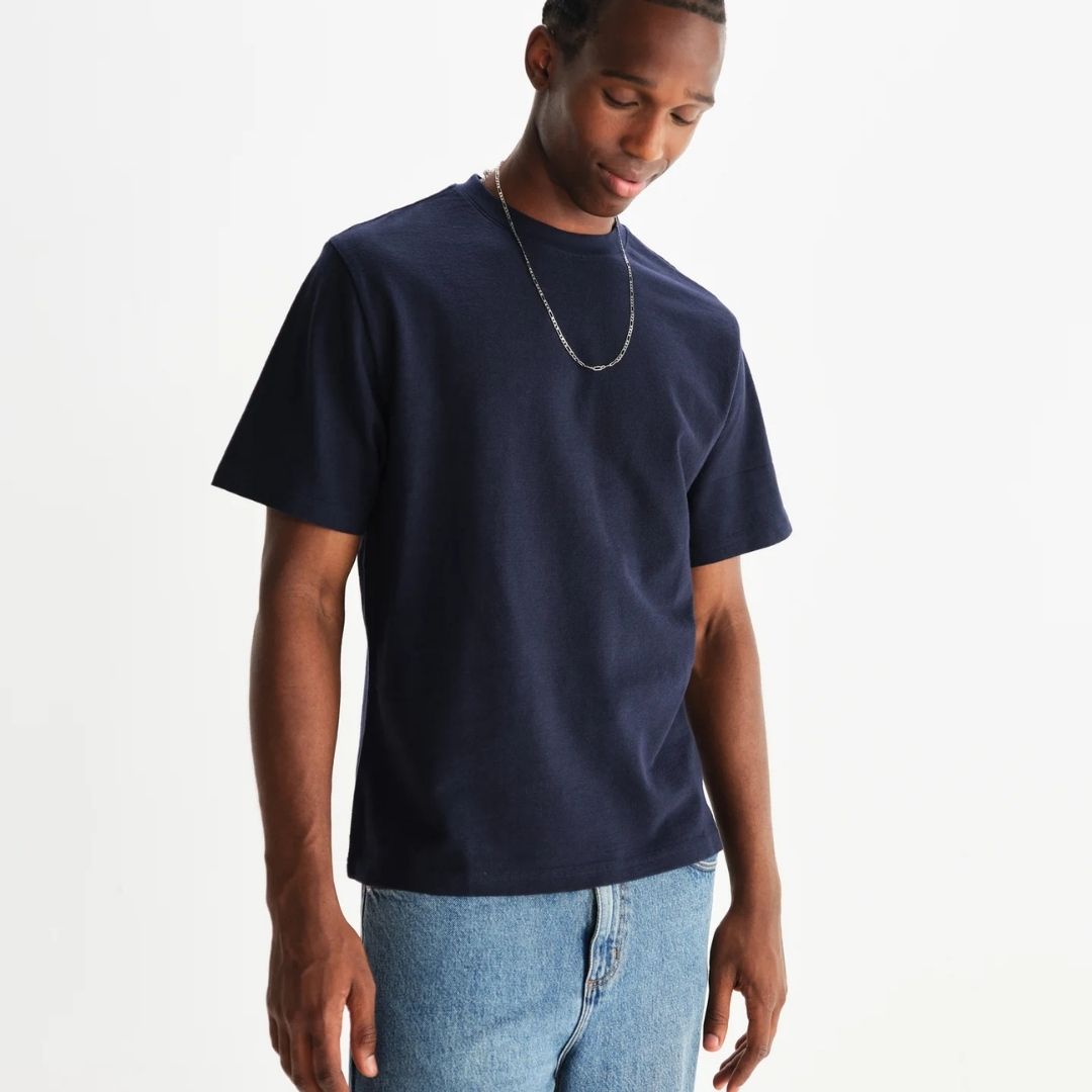 Wax London Dean - Textured Organic Cotton T-Shirt - Navy