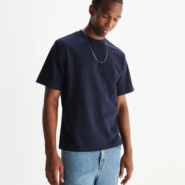 Wax London Dean - Textured Organic Cotton T-Shirt - Navy