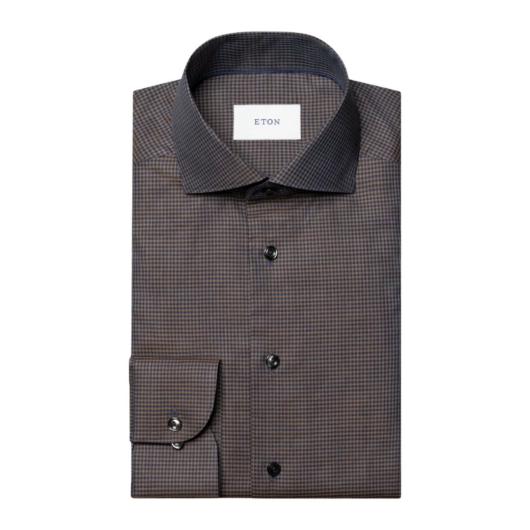 Eton Dark Brown Micro Check Signature Flannel Shirt - Brown