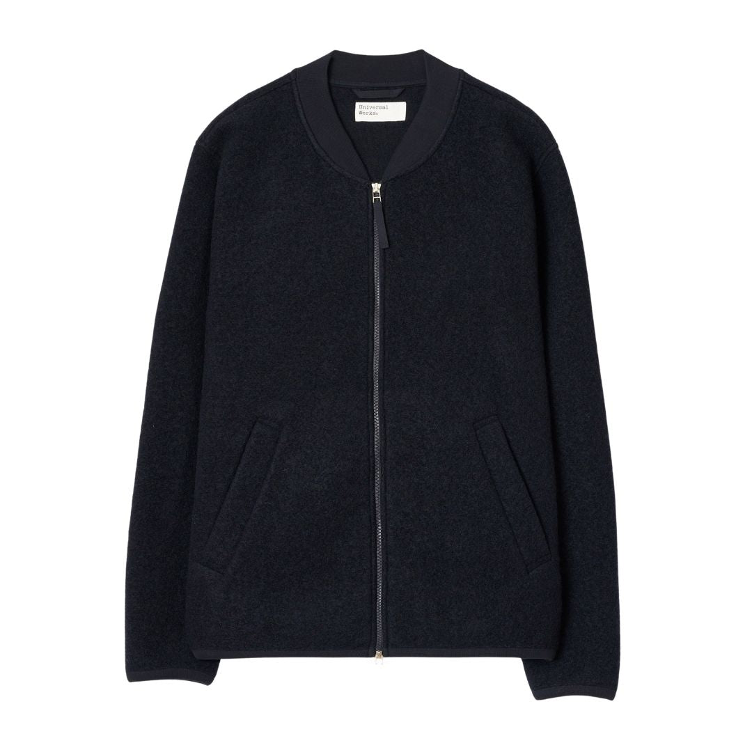 Universal Works Wool Fleece Bomber Zip-Thru -Navy