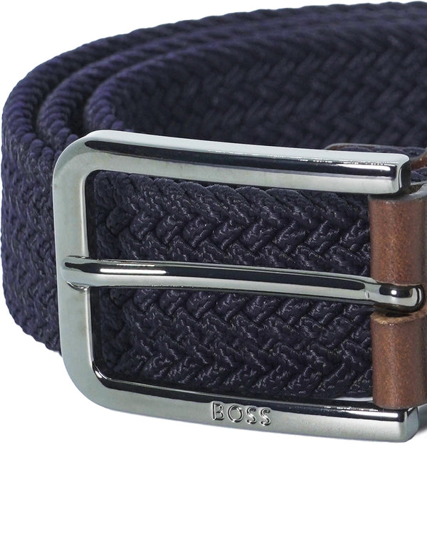 Boss Woven Belt with Leather Facings  -Navy