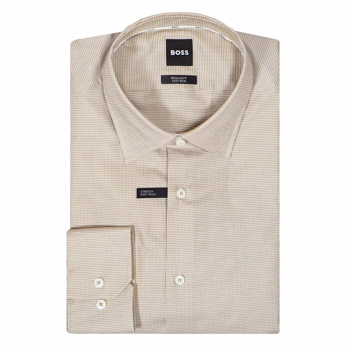 Boss Regular-fit shirt in easy-iron pepita stretch cotton  -Beige