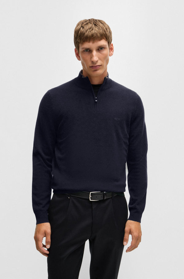 Boss Virgin-Wool Regular-Fit Sweater with Embroidered Logo - Blue