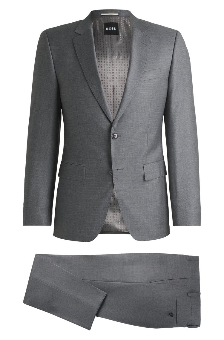 BOSS Slim Fit Patterned Wool-Silk Suit – Grey