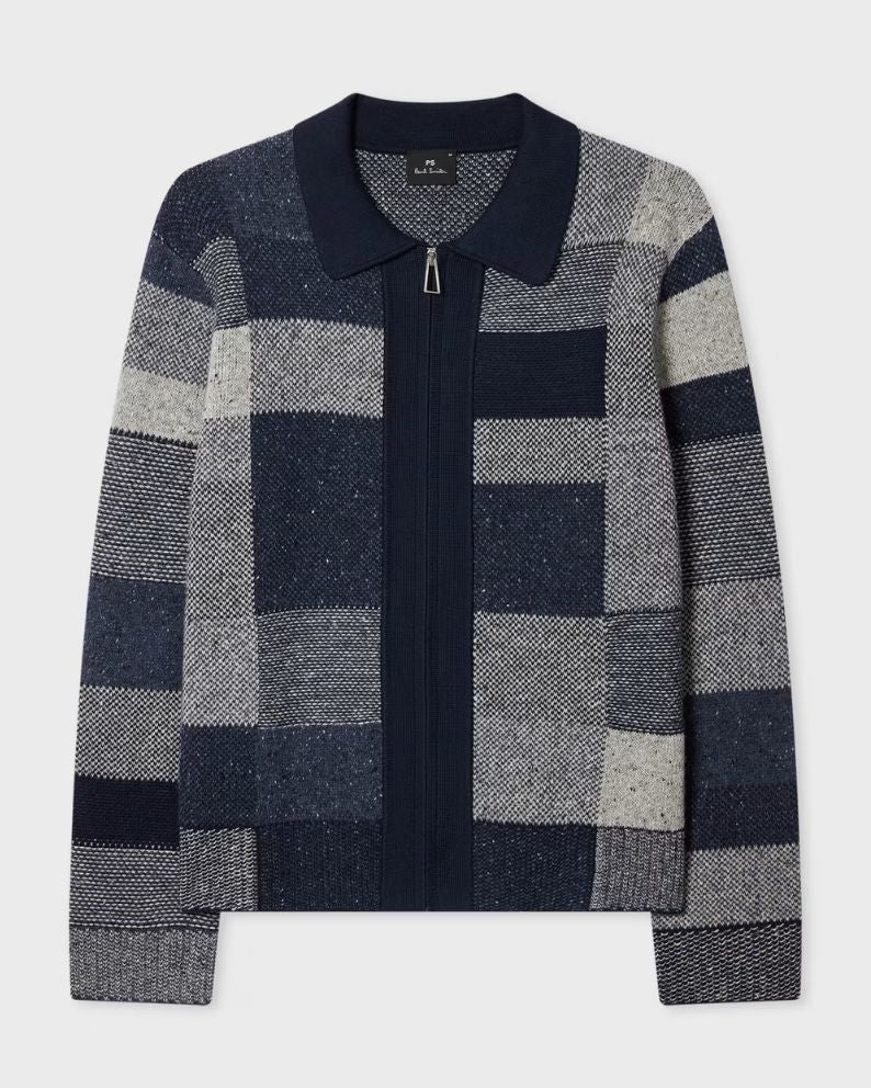 Paul Smith Navy Tonal Patchwork Zip-Through Cardigan Blue