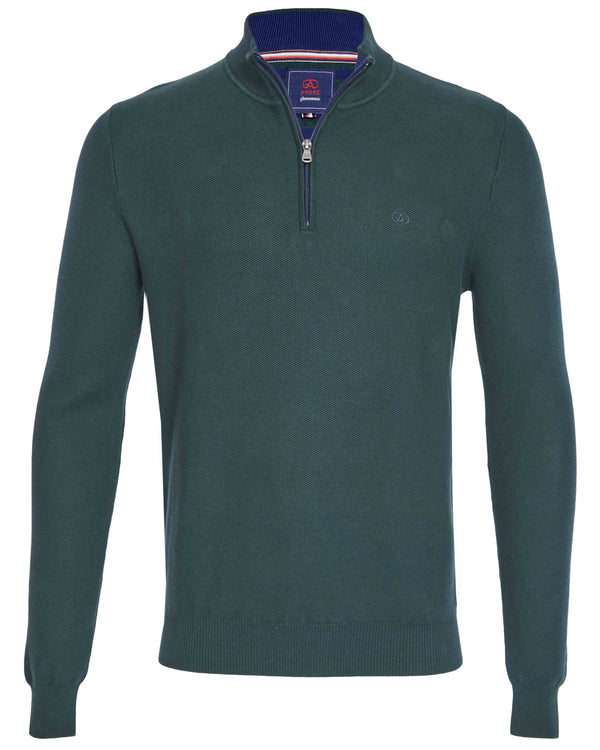 Andre 'Aran' 1/4 Zip Waffle-Knit Jumper - Forest Green