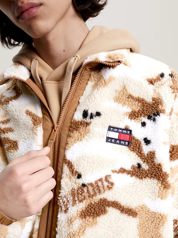 Tommy Jeans Camo Logo Print Relaxed Sherpa Jacket - Beige