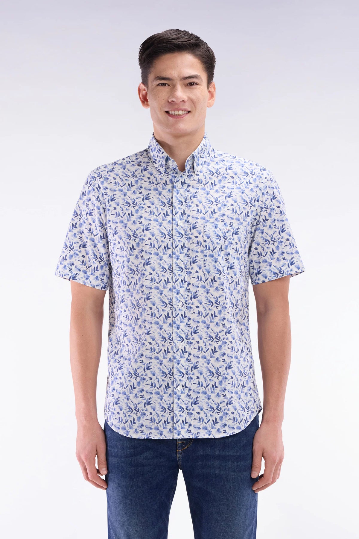 Eden Park short-sleeved shirt in cotton poplin with floral print - Blue