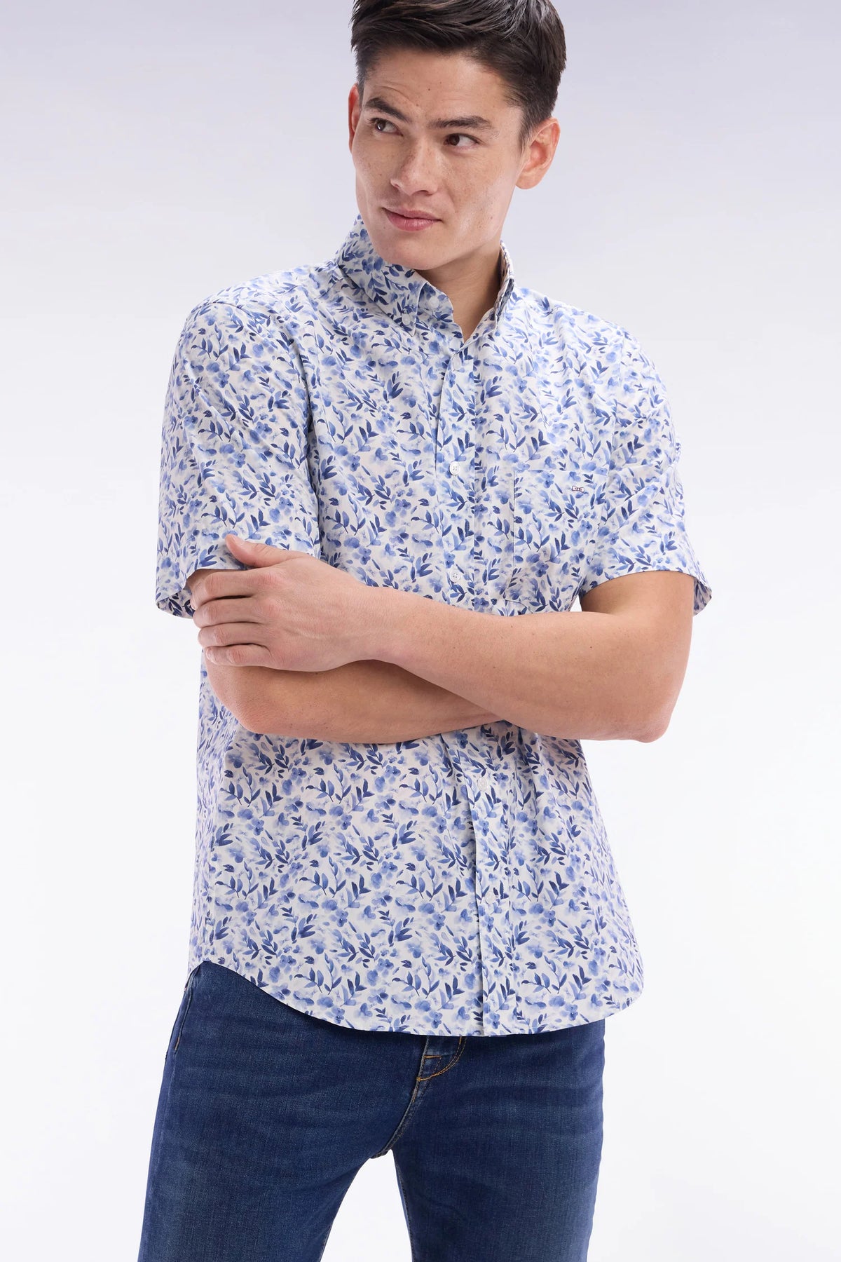 Eden Park short-sleeved shirt in cotton poplin with floral print - Blue
