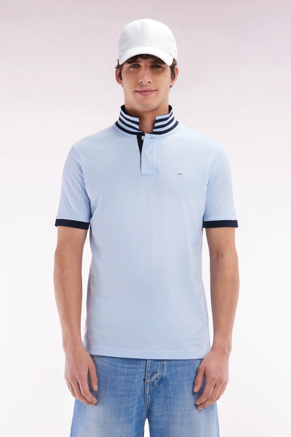 Eden Park Pima cotton polo shirt with striped under collar - Light Blue