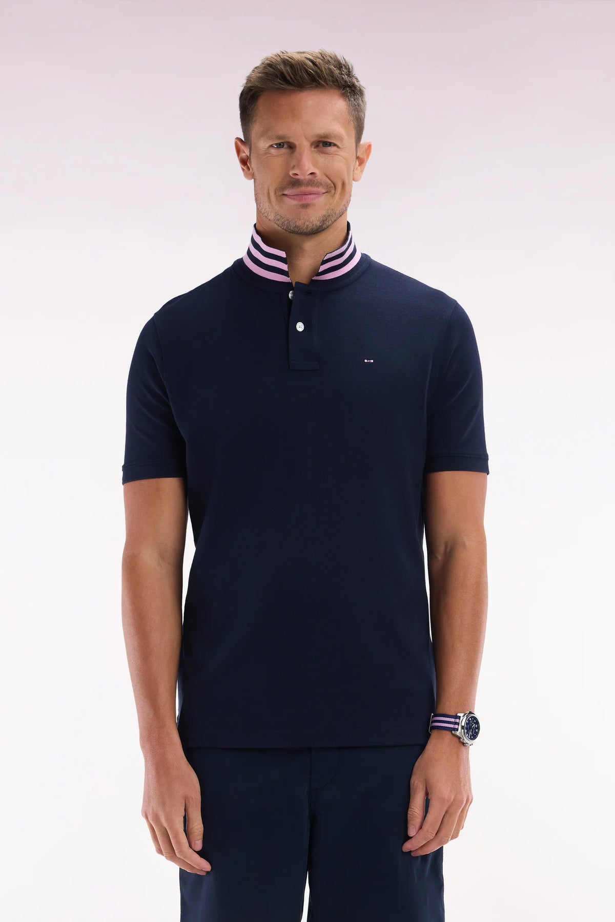Eden Park Pima cotton polo shirt with striped under collar - Navy