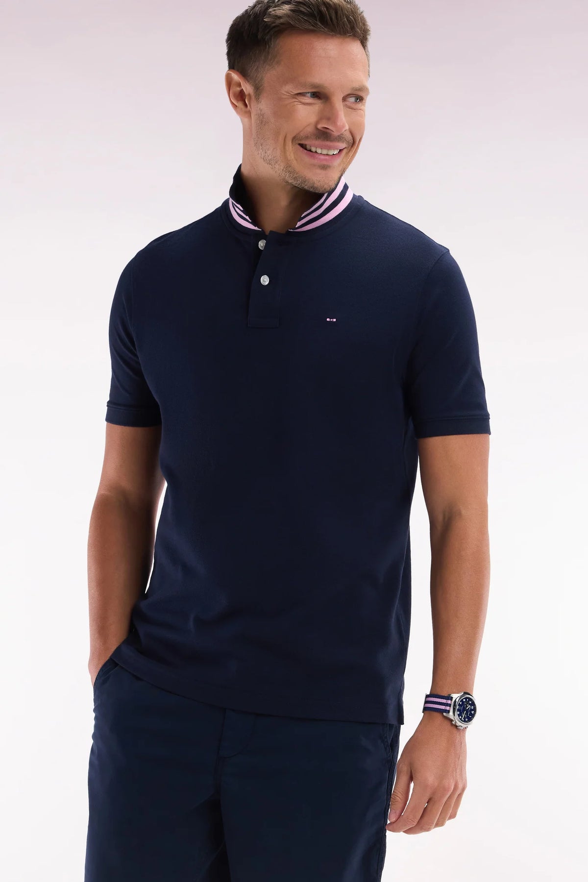 Eden Park Pima cotton polo shirt with striped under collar - Navy
