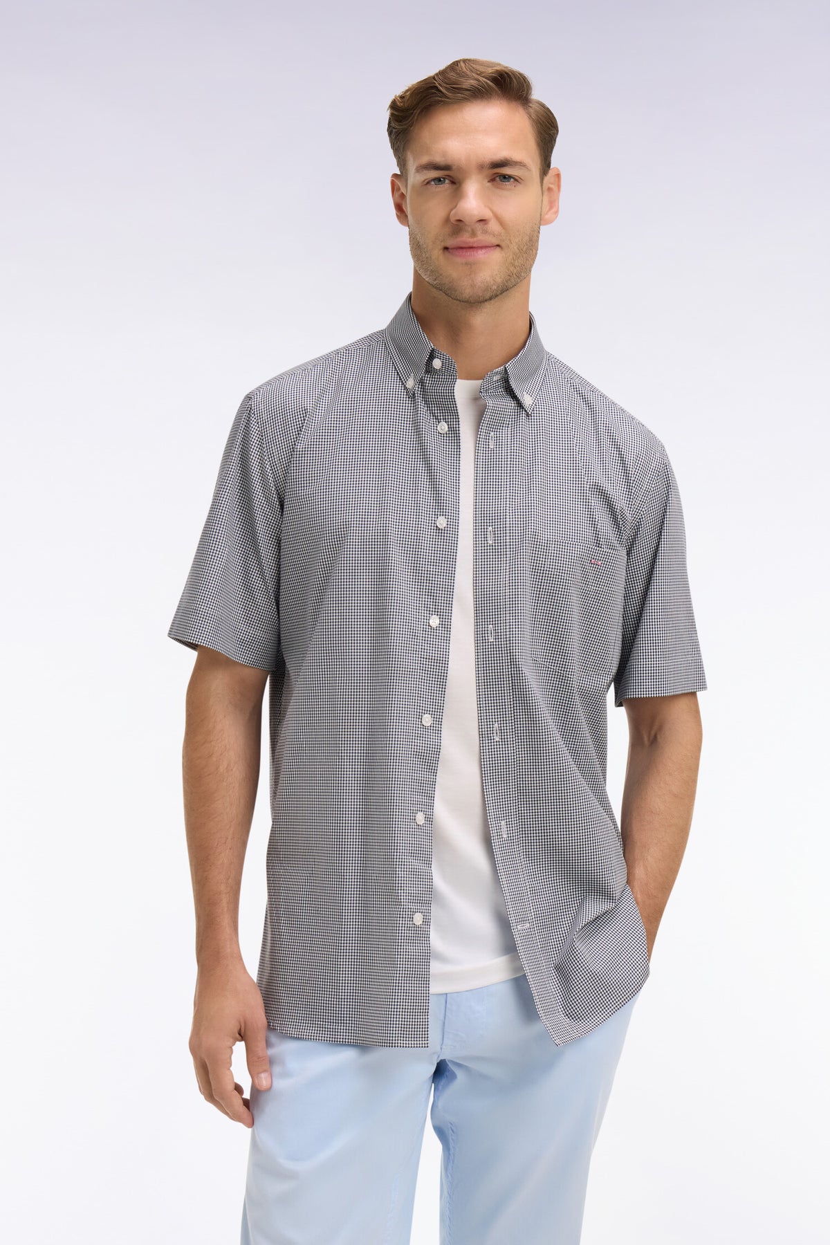 Eden Park Micro Check Short Sleeve Shirt - Navy