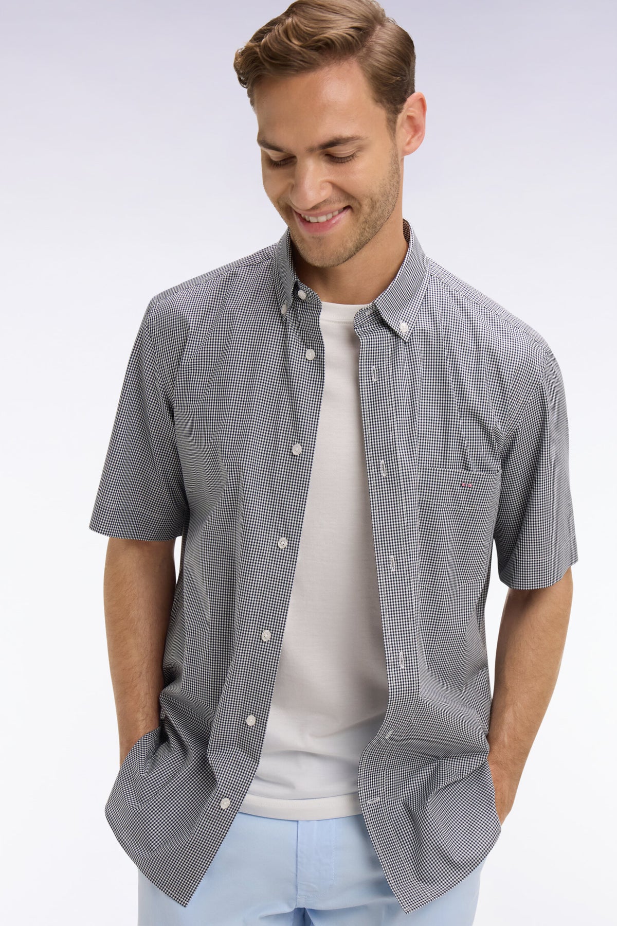 Eden Park Micro Check Short Sleeve Shirt - Navy