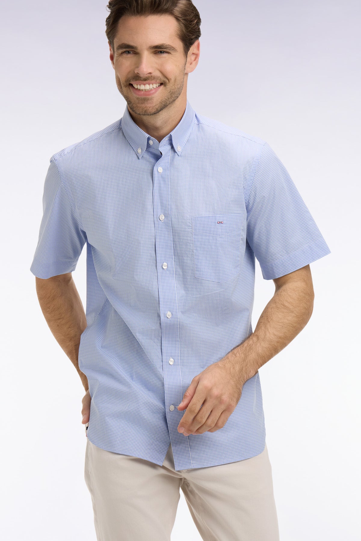 Eden Park Micro Check Short Sleeve Shirt - Blue