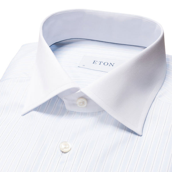 Eton Light Blue Striped White Collar Signature Twill Shirt - Blue