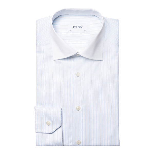 Eton Light Blue Striped White Collar Signature Twill Shirt - Blue