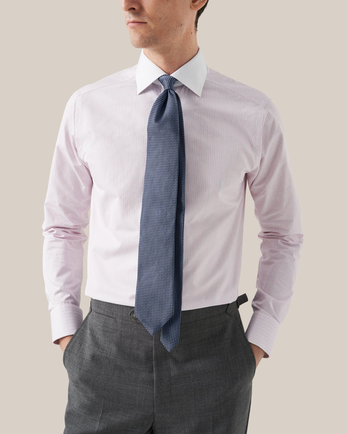 Eton Contemporary Fit Pink Striped White Collar Signature Twill Shirt - Pink