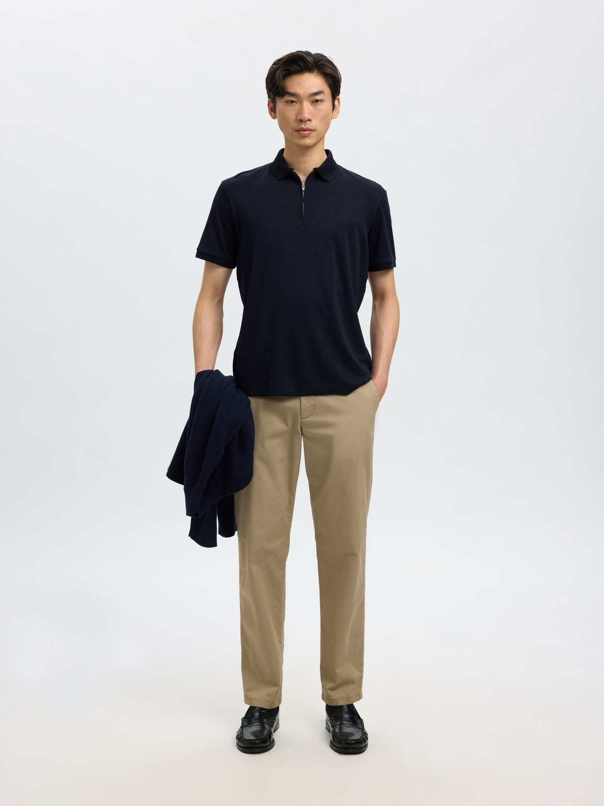Selected Homme Fave Zip SS Polo - Navy