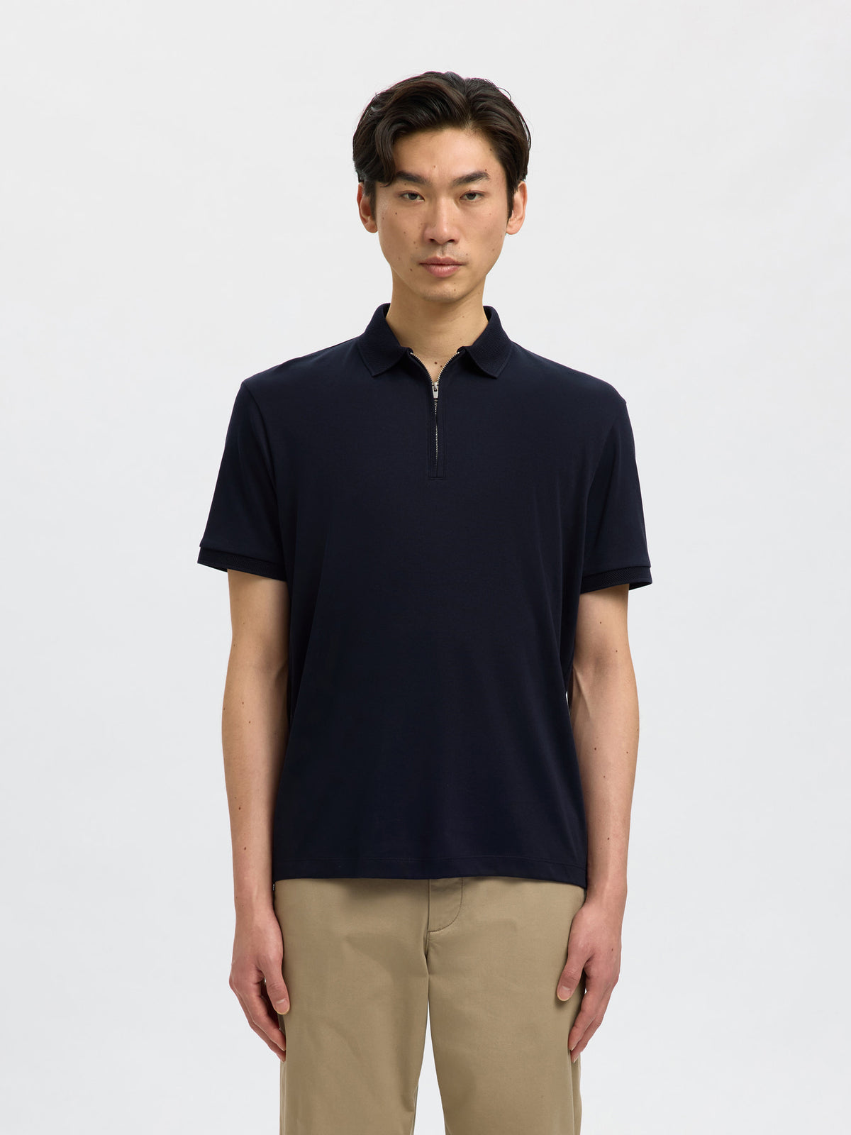 Selected Homme Fave Zip SS Polo - Navy