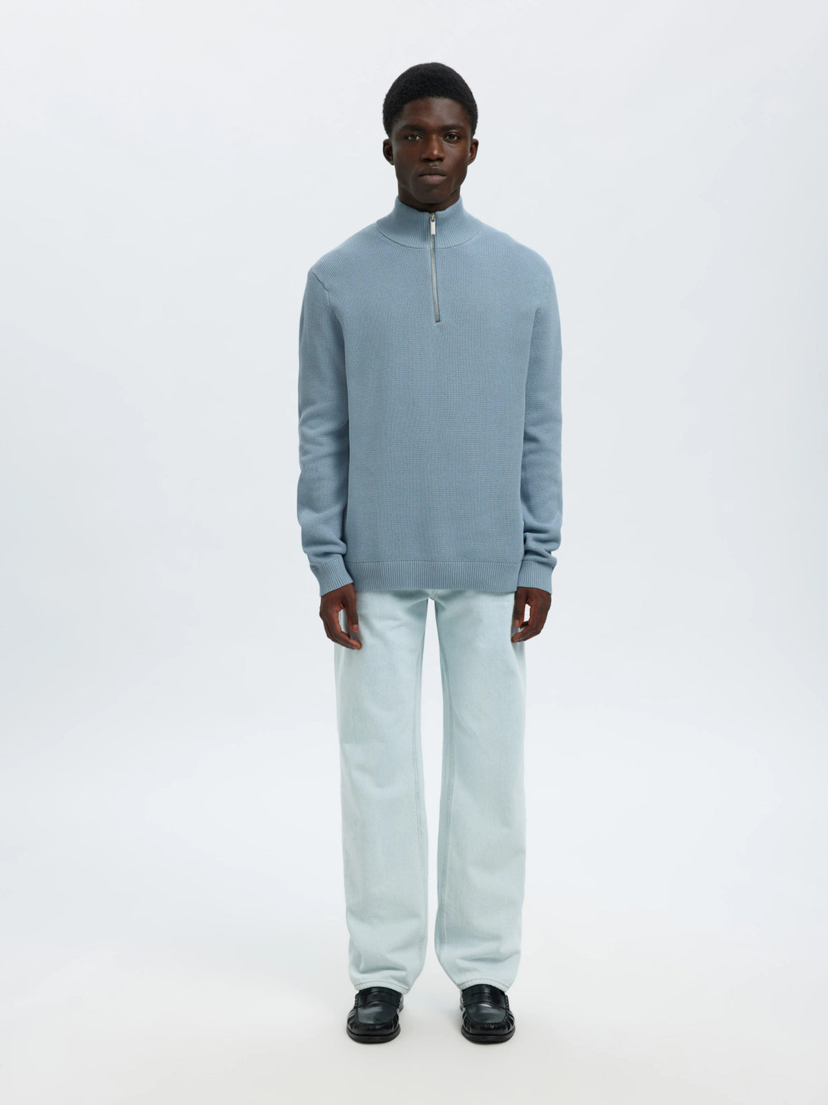 Selected Homme Dane LS Knit Structure Half Zip - Dusty Blue