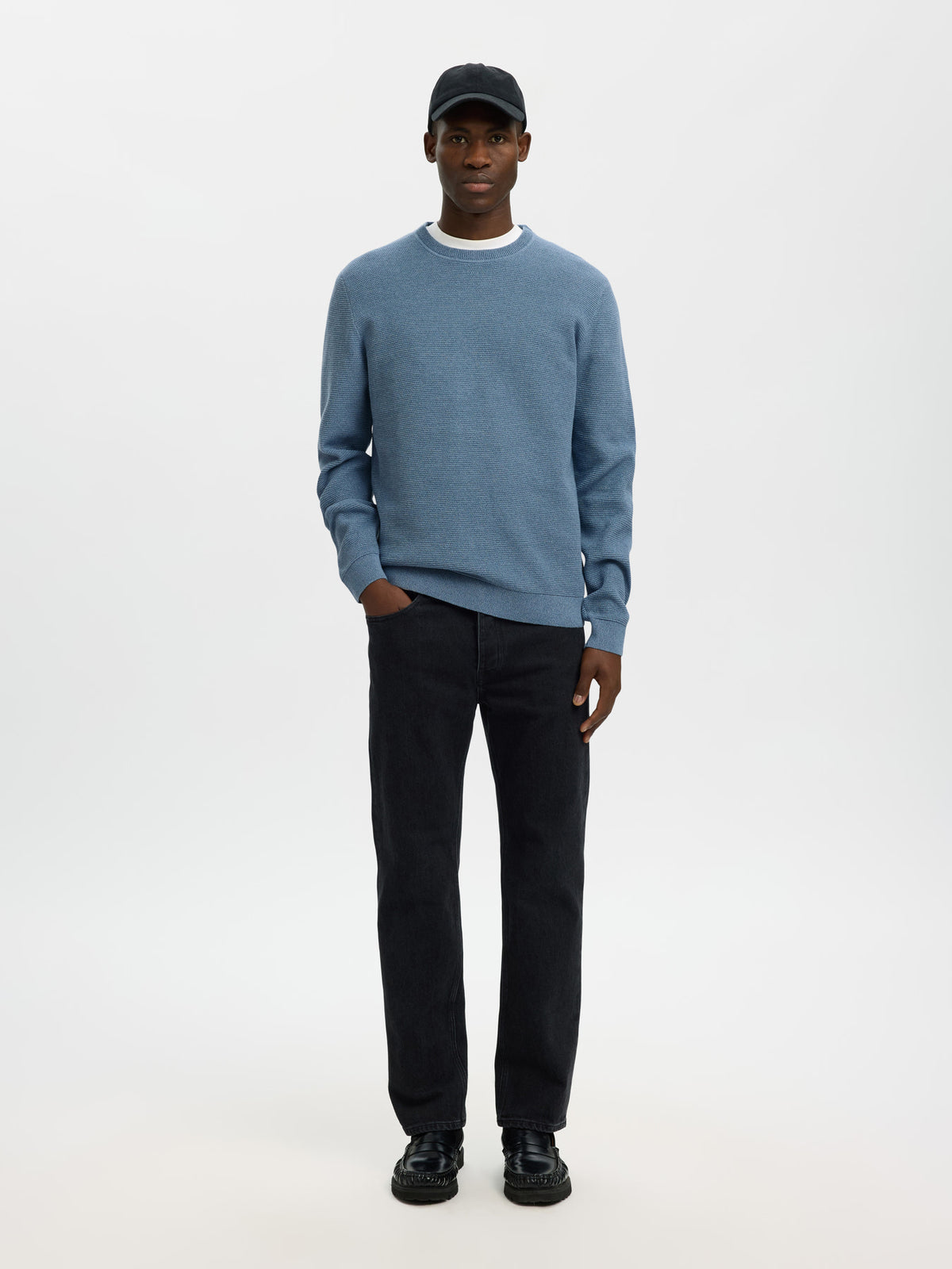 Selected Homme Ross LS Knit Structure Crew Neck - Mirage Blue