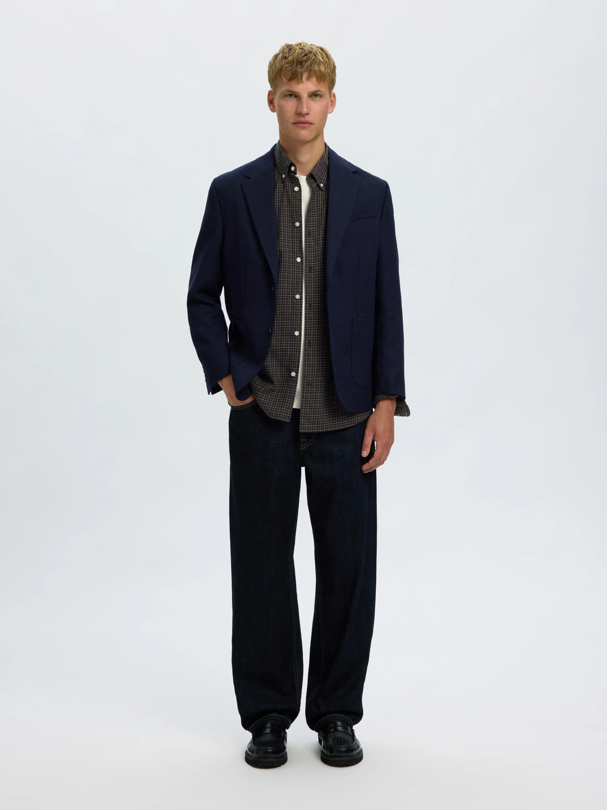 Selected Homme Cole-Jay Reg Melange LS Shirt - Dark Sapphire Multi Blue
