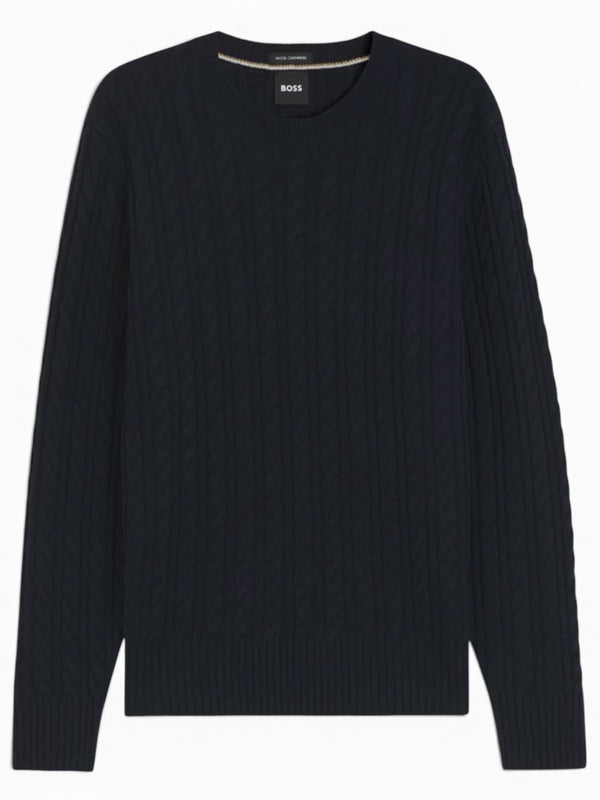 Boss Cable Knit Sweater in Virgin Wool and Cashmere - Navy