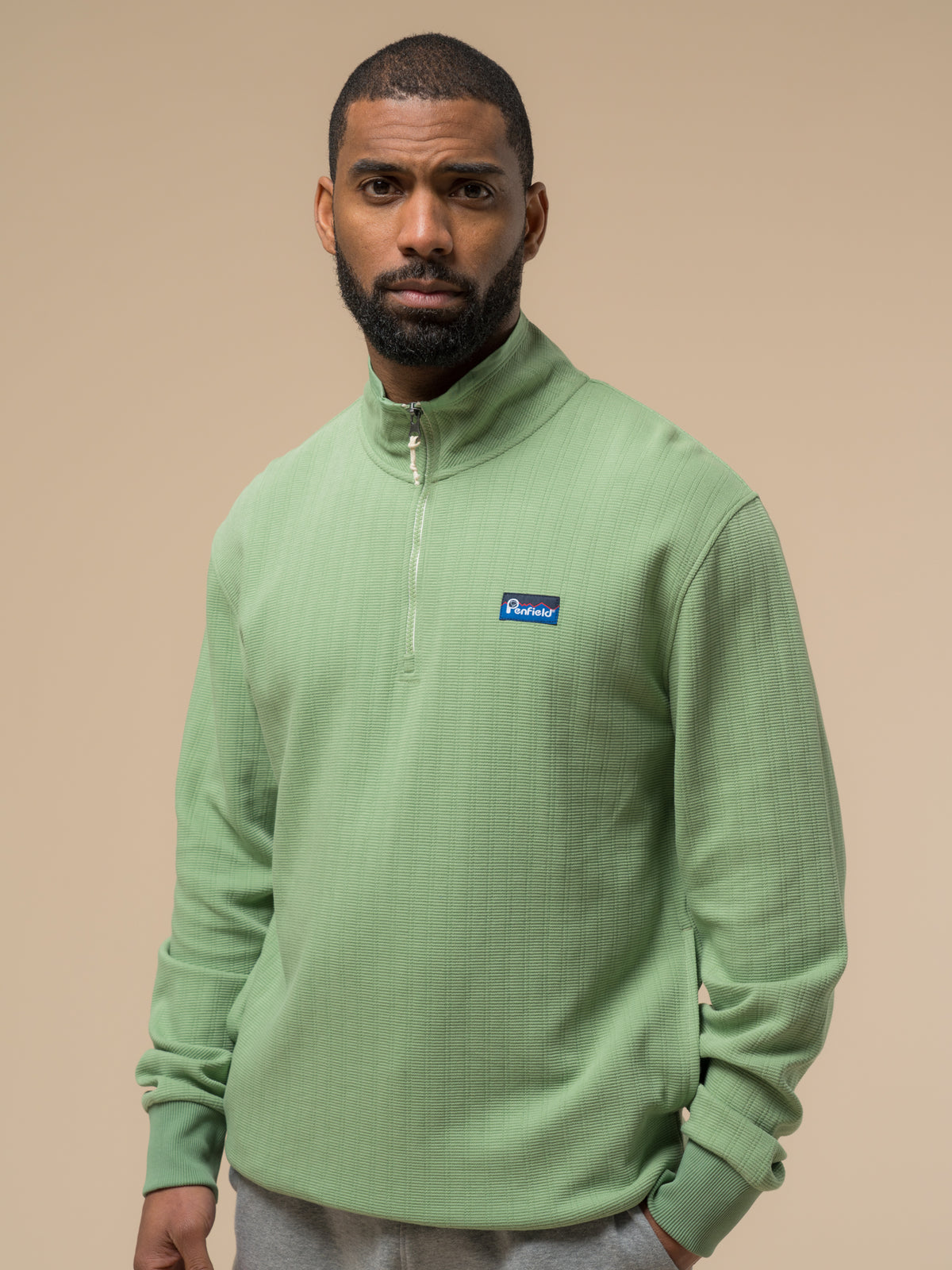 Penfield Textured Stripe Half Zip Funnel Neck Sweatshirt - Green