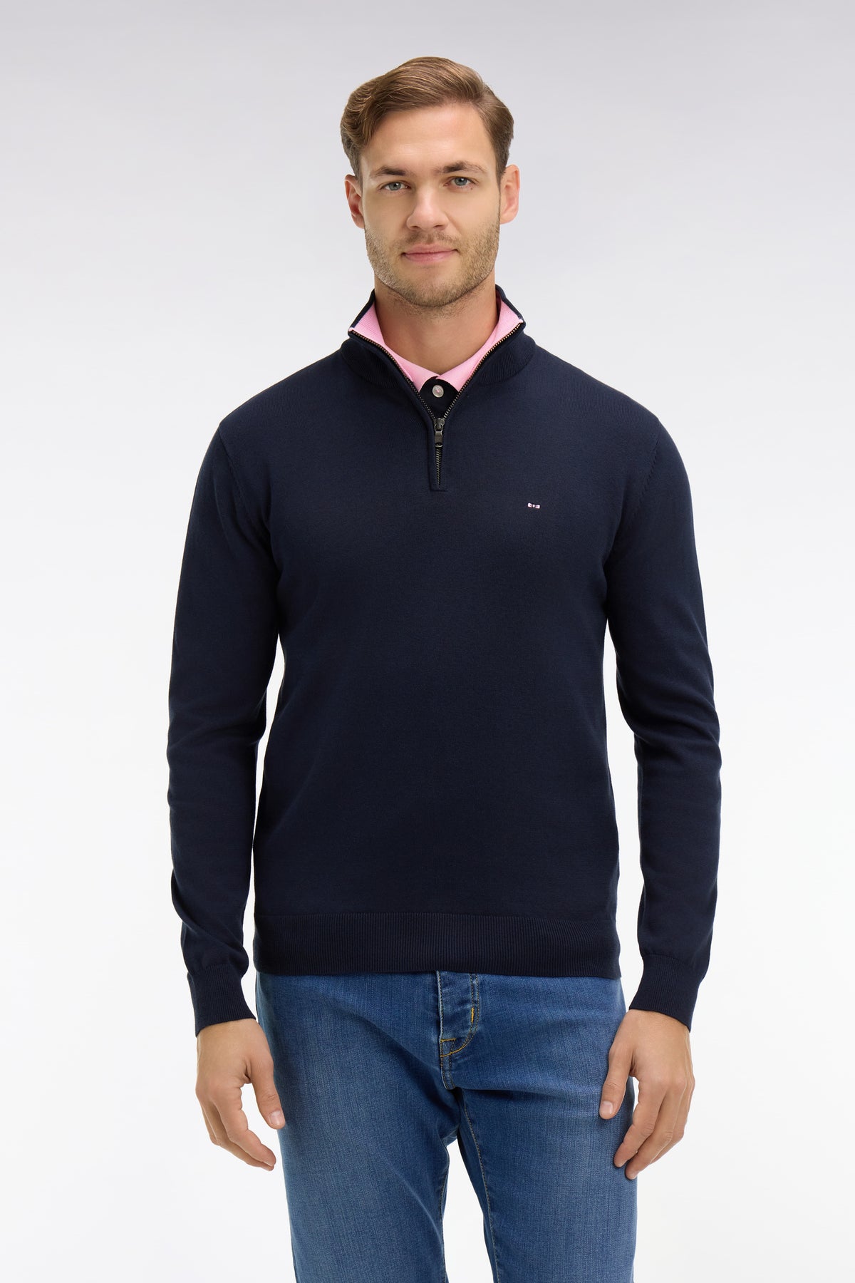 Eden Park Cotton Zip Neck Trucker Knit - Navy