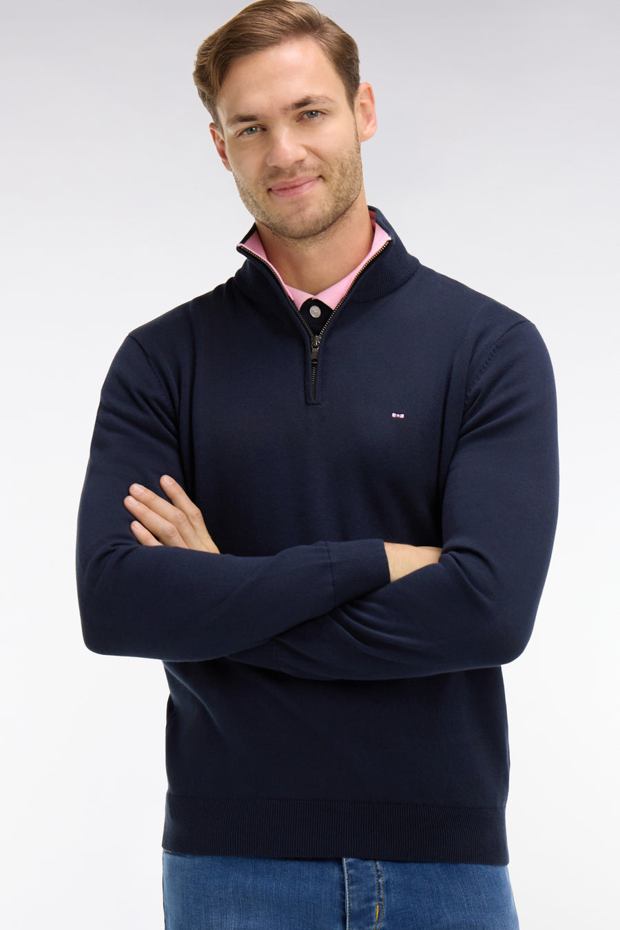 Eden Park Cotton Zip Neck Trucker Knit - Navy