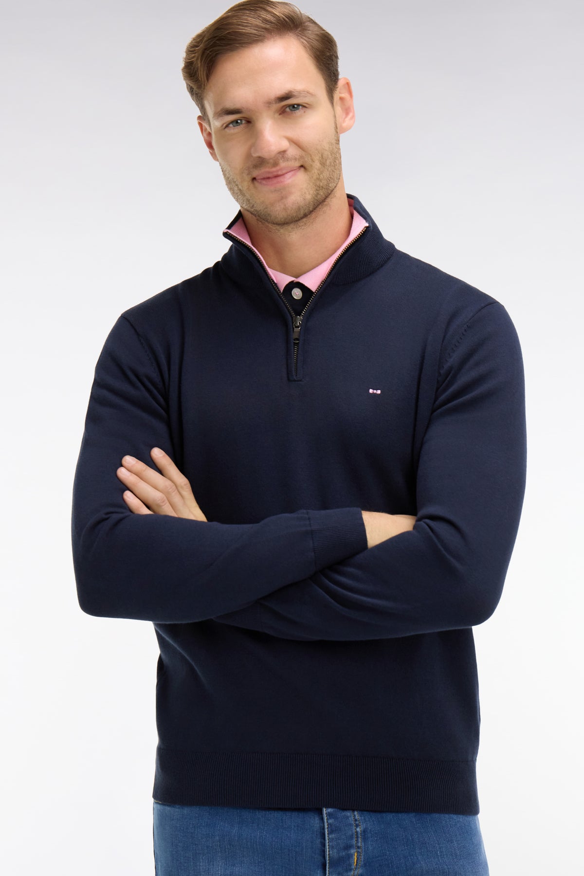 Eden Park Cotton Zip Neck Trucker Knit - Navy