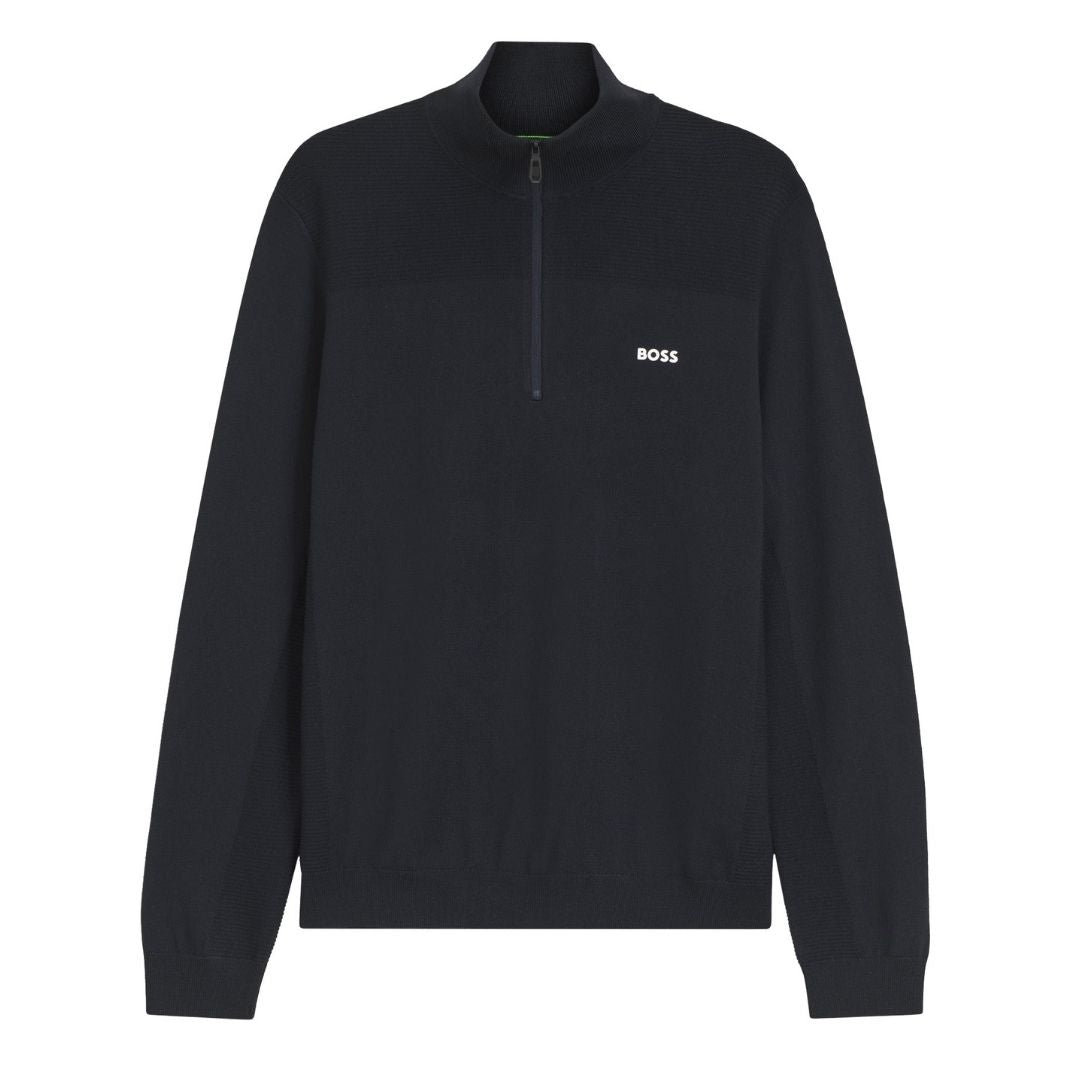 BOSS Green Virgin Wool-Blend Zip-Neck Sweater – Blue