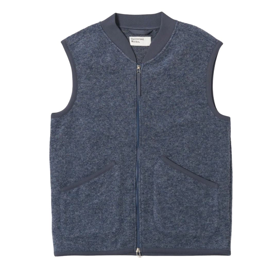 Universal Works Slate Blue Wool Fleece Zip Waistcoat - Blue