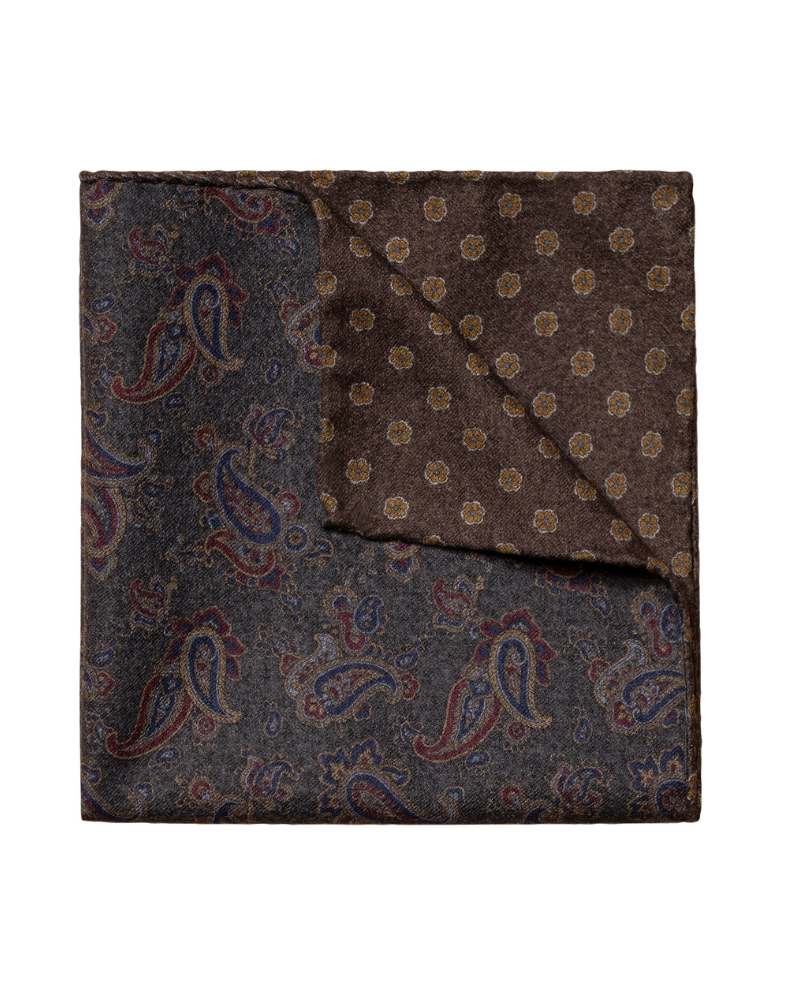 Eton Paisley Print / Floral Print Wool Pocket Square - Grey