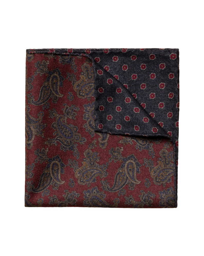 Eton Paisley Print / Floral Print Wool Pocket Square - Red