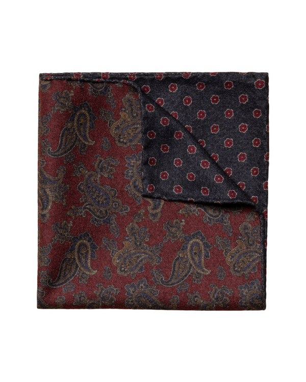 Eton Paisley Print / Floral Print Wool Pocket Square - Red