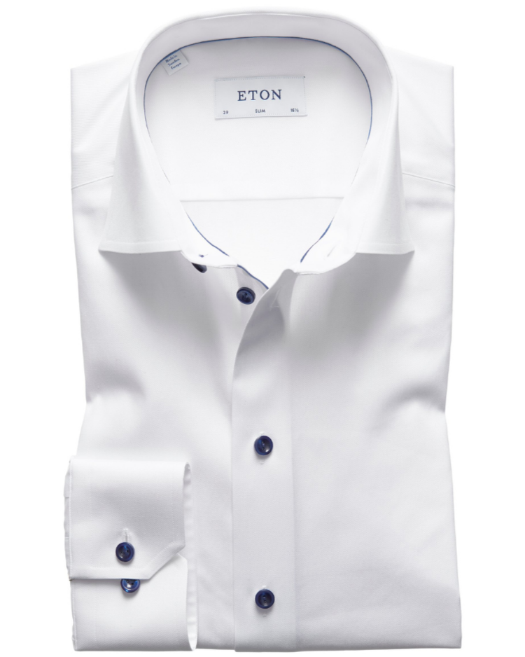 Eton Slim Fit Signature Twill Shirt - White (Navy Details) - Galvin for Men Eton Slim Fit Signature Twill Shirt - White (Navy Details) - Galvin for Men