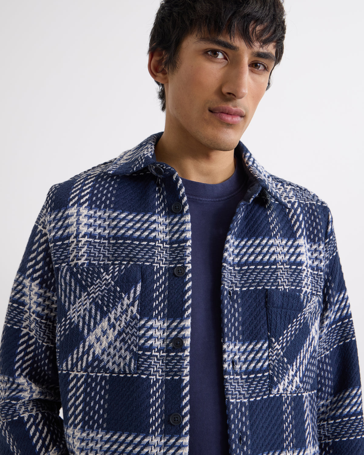 Wax London Whiting Overshirt Plaid Weave - Navy