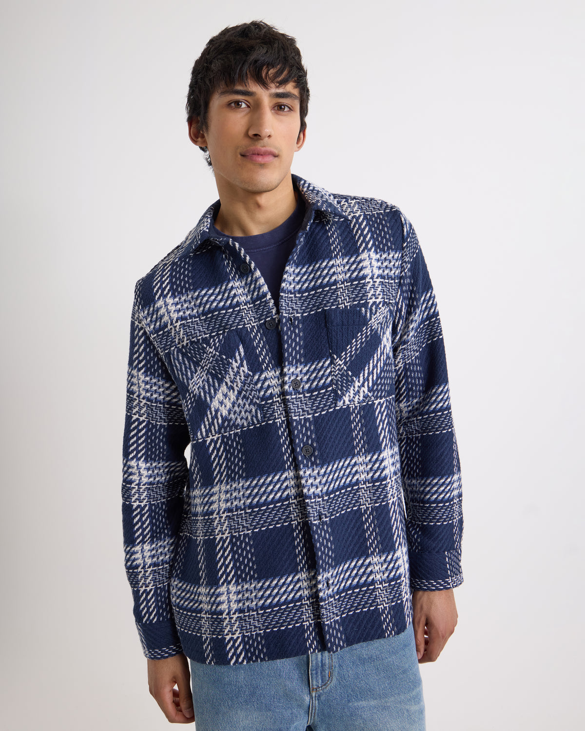 Wax London Whiting Overshirt Plaid Weave - Navy