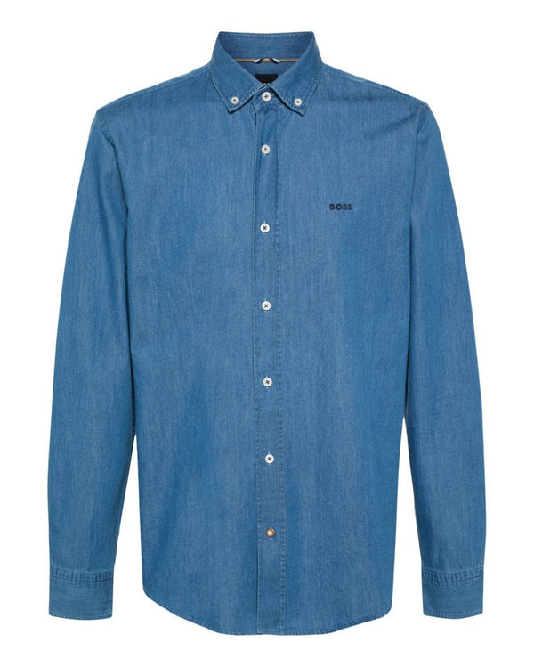 Boss Cotton Denim Button Down Collar Shirt - Blue