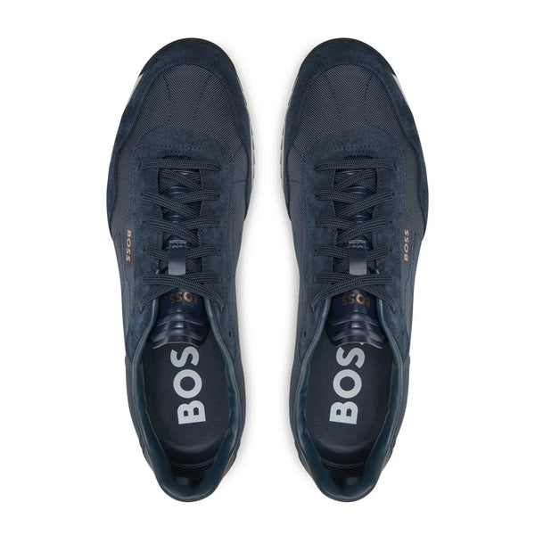 Boss Textured-Fabric Lace-up Trainers with Suede Trims - Blue