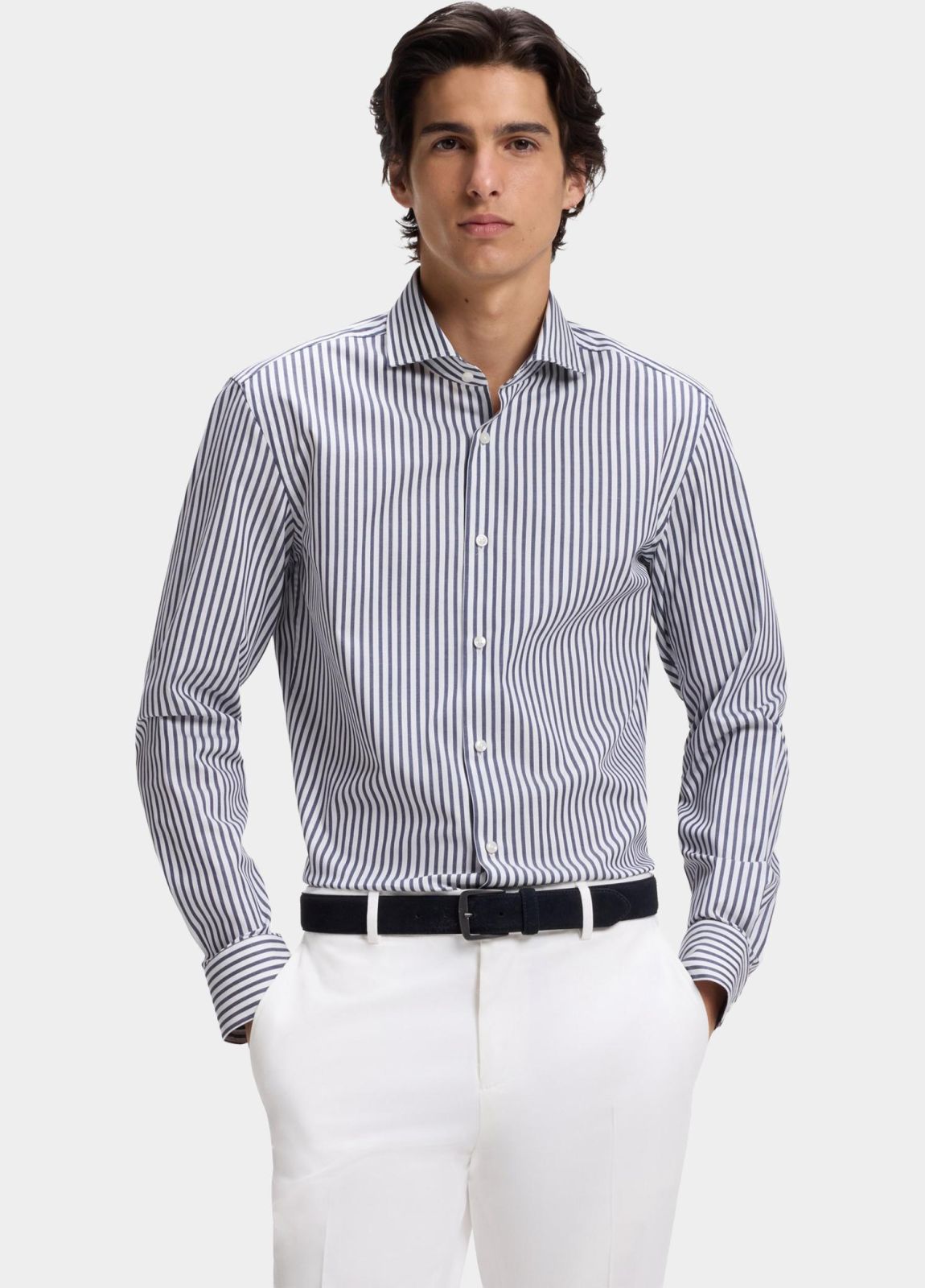 Boss Slim-fit shirt in easy-iron striped stretch cotton - Blue