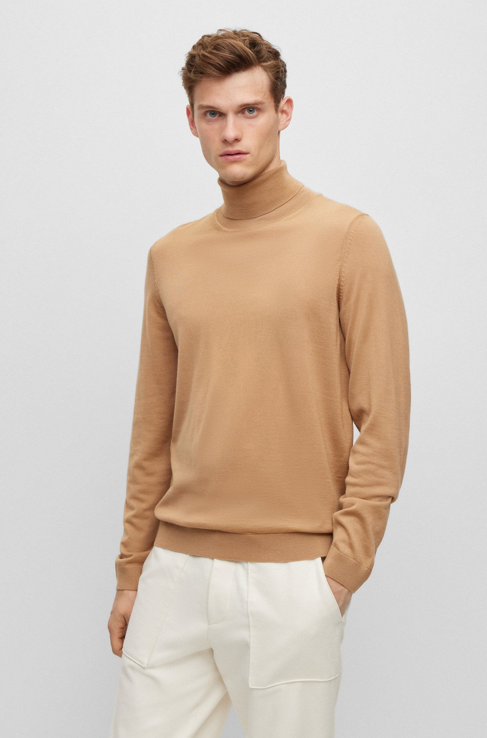 Boss Slim-Fit Rollneck Virgin Wool Sweater Beige Galvin for Men