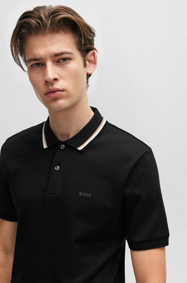 Boss Slim-fit Cotton Polo Shirt with Striped Collar - Black
